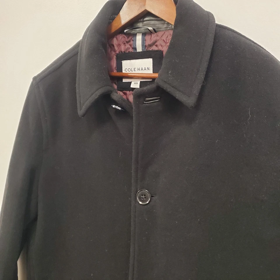 Abrigo Cole Haan Para Hombres Lana Botón Frontal Guisante Talla M Negro Formal Negocios Carrera Foto 2 de 4