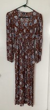 Gap Puff Sleeve V-Neck Maxi Dress Brown Floral SMALL Slit Up Front Pre Owned