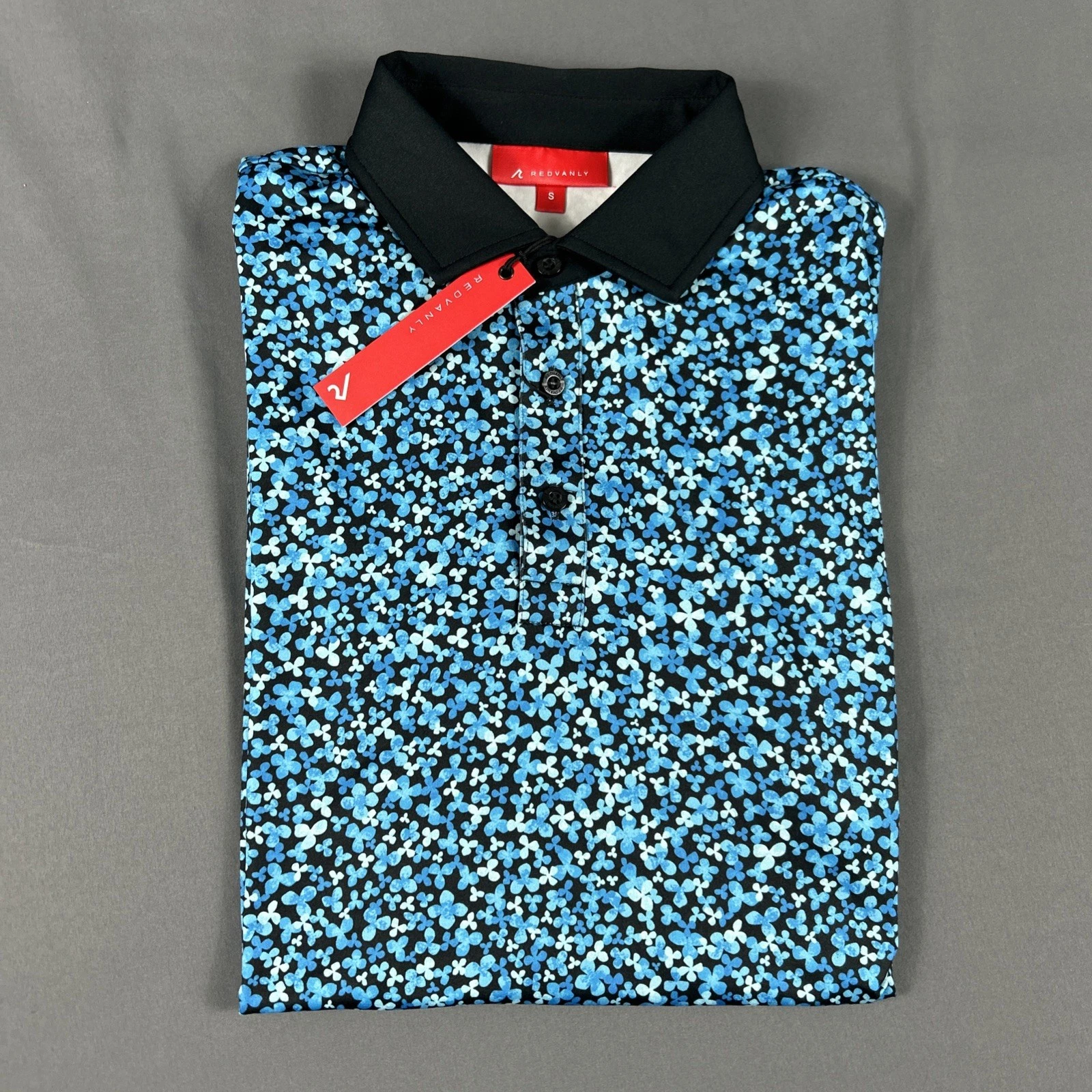 Redvanly Golf Shirt Polo Brewer Floral Print Small Blue Polyester NWT MSRP $110