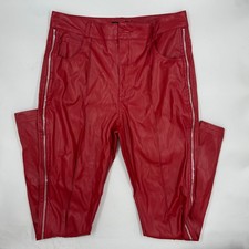 Fashion Nova Women's Faux Leather Pants Size L Red Zipper Detail Slim Straight