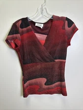 Vintage A. Byer Blouse Babydoll Women's L Red Black Sparkles USA Made Y2K