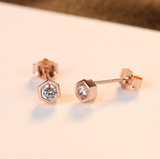 925 Sterling Silver Tiny Earrings Rose Gold Hexagon CZ Ear Stud Women Girl PE39