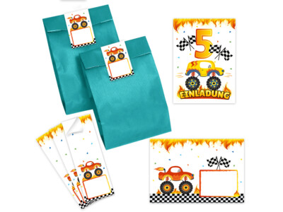 Einladungskarten 5. Kindergeburtstag Auto Monstertruck Umschläge Aufkleber Tüten