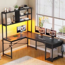 L Shaped Computer Desk with LED Lights and Storage Shelves, Home Office Desk