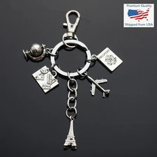 Paris Eiffel Tower Chain World Traveler Passport Globe Spins Charm Keychain Clip