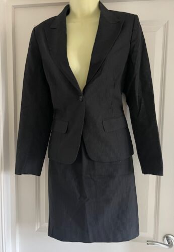 Designer Black Pinstripe 3 Piece Suit - Trousers Skirt Jacket Size 8 - Afbeelding 1 van 8