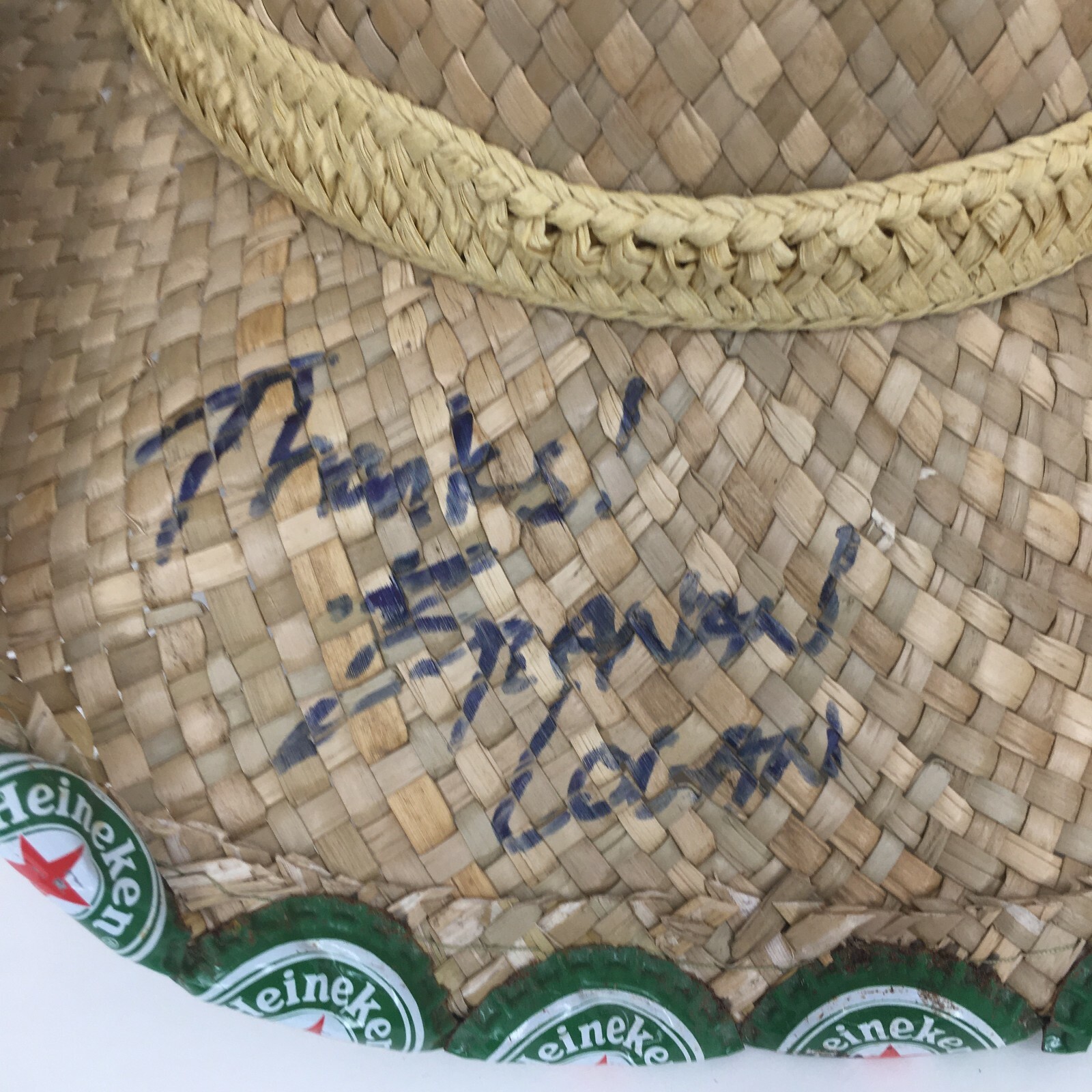 Heineken Cowboy Hat Rare Bottle Cap Brim Edge Straw Boho Signed By Branan Logan image 2