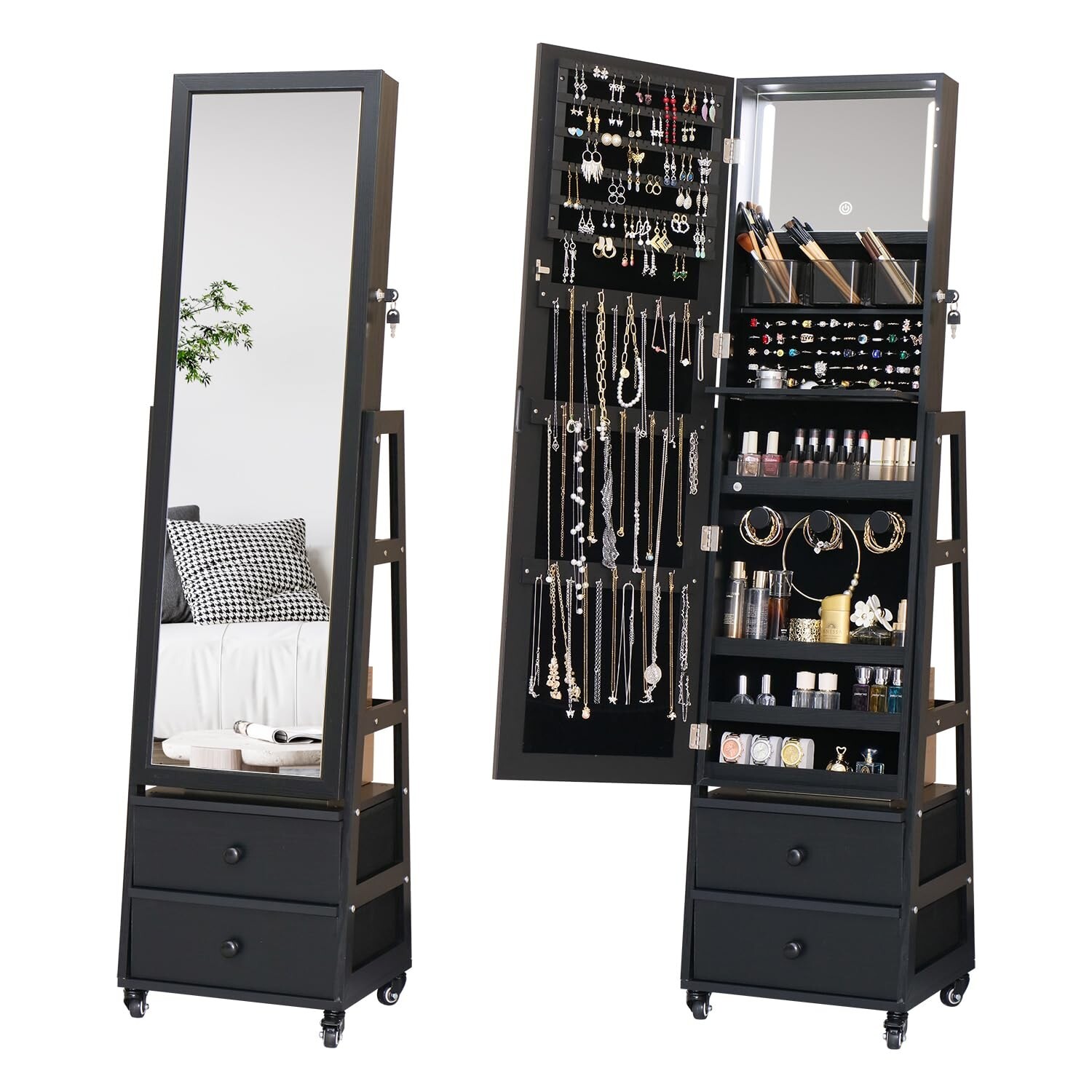 Jewelry Cabinet with Standing Mirror Lockable Full Length Mirror with Drawers...