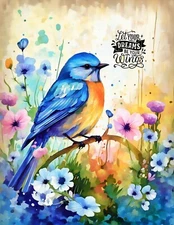 Bluebird in a flower garden artist trading card 2.5x3.5 ACEO landscape artwork
