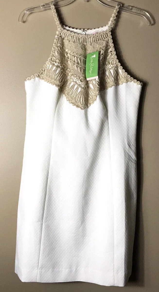 Lilly Pulitzer Halter Style White Gold Sleeveless Dress Size 8 NWTs 198