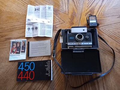 Vintage POLAROID 450 Land Camera With Flash, Cover Paperwork *UNTESTED 