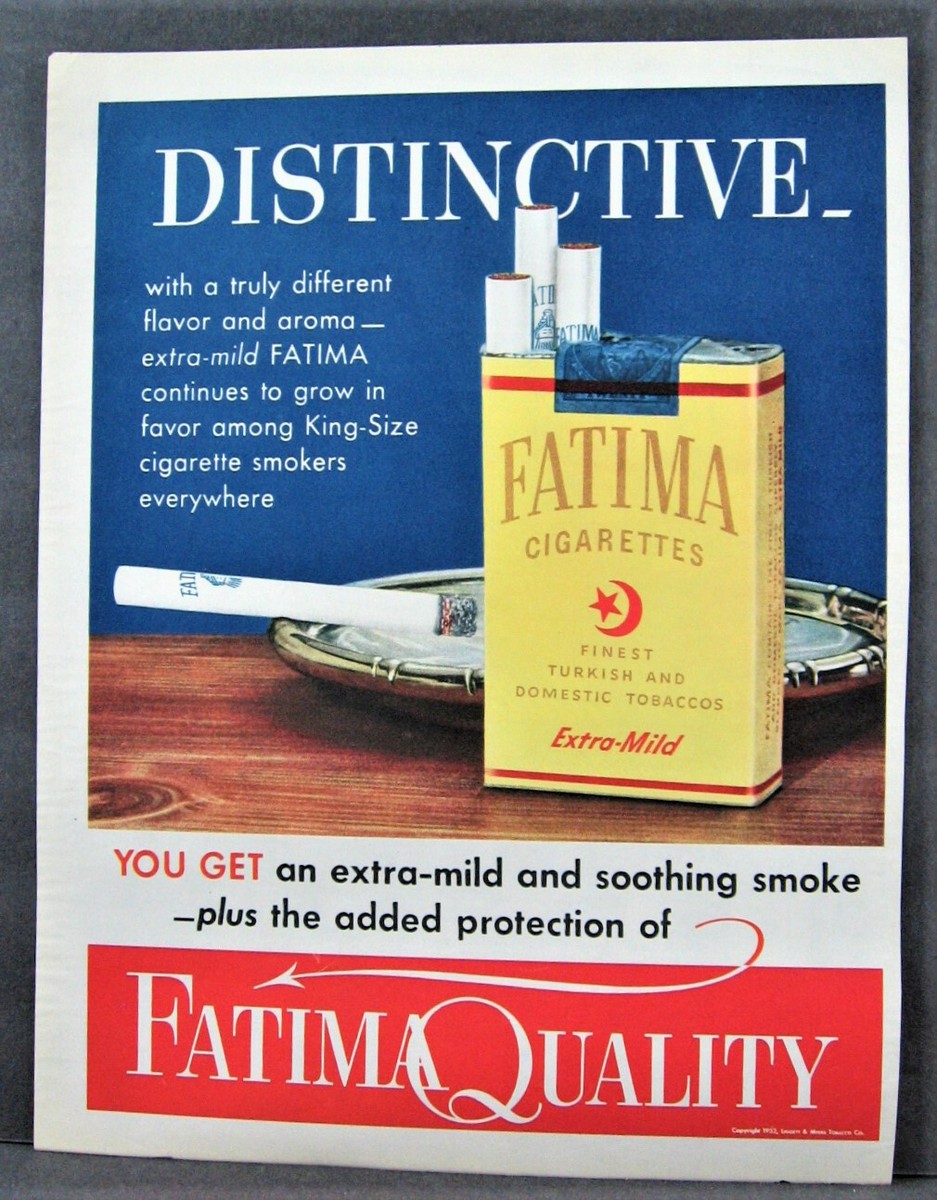 magazine ads for tobacco Vintage 1952 Fatima Cigarettes Magazine Ad Full Page Fatima Quality Extra  Mild