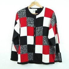 Vintage Women Large Zip Cardigan Sweater Patchwork Maximalist Punk Red Black 90s