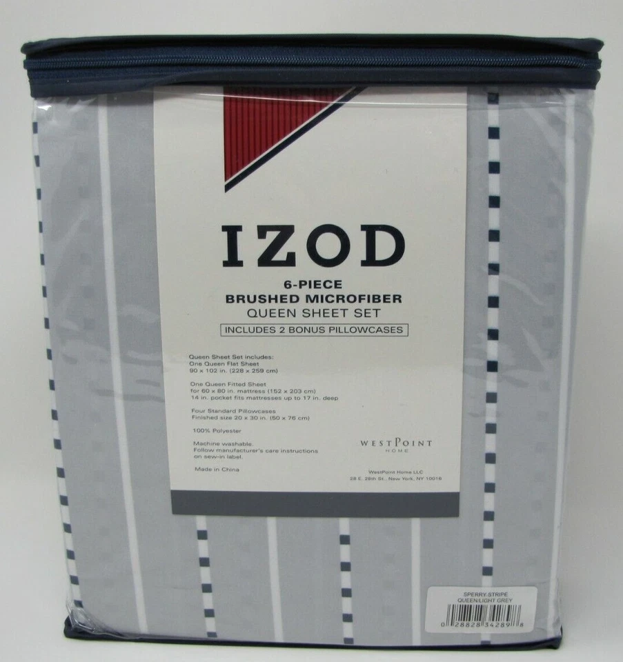 JUEGO DE SÁBANAS IZOD 6 PIEZAS MICROFIBRA CEPILLADA REINA GRIS AZUL MARINO BLANCO RAYAS SPERRY Foto 2 de 2