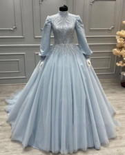 Light Blue Muslim Wedding Dresses Long Sleeves Lace Appliques Bridal Gowns