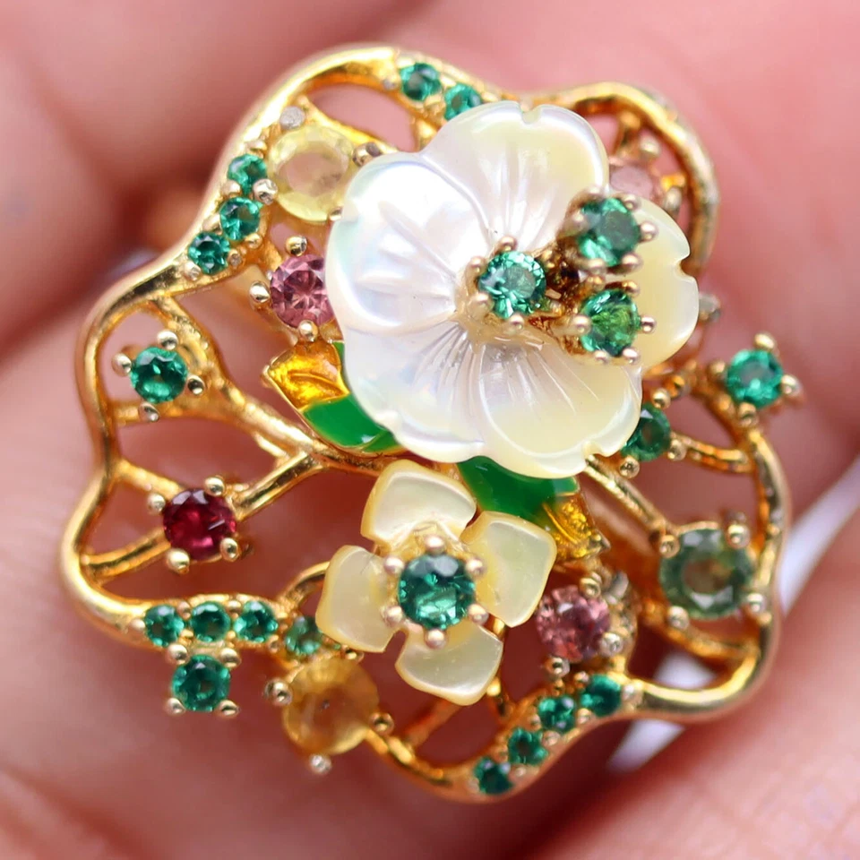 925 Silver White - Yellow Mother Of Pearl, Tsavorite, Sapphire Ring Size 6.5 - Image 2 of 4