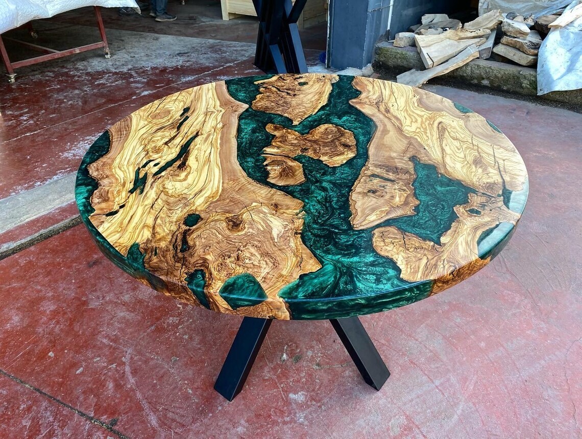 Green Clear Round Diameter Epoxy Resin Dining Table-River Table-Coffee Table-Kit