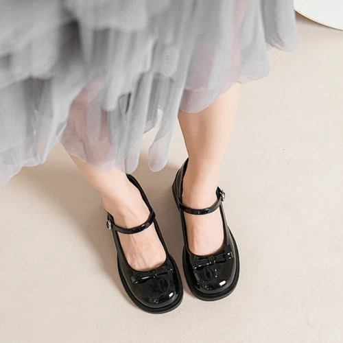 Womens Leather Bowtie Round Toe Buckle Strap Block Heel Fashion Mary Jane Shoes - Picture 13 of 30