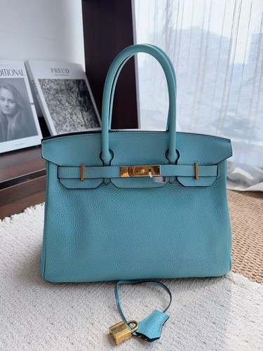 AUTH Hermes Birkin30 Bleu Atoll Togo Leather Gold Hardware Handbag