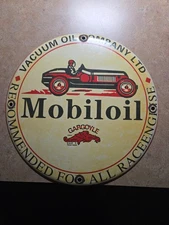  MOBILOIL Porcelian METAL RACE CAR 11 3/4" GARGOYLE GAS PUMP SIGN New Remake