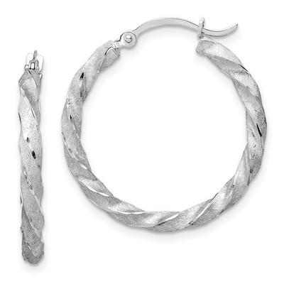 14K Weißgold gedrehte Satin Diamantschliff Creolen 1,64 g, L-26 mm, B-25 mm