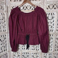 Blusa Ulla Johnson Kira Popelina Borgoña Fuera del Hombro Estilo Campesino Talla 0