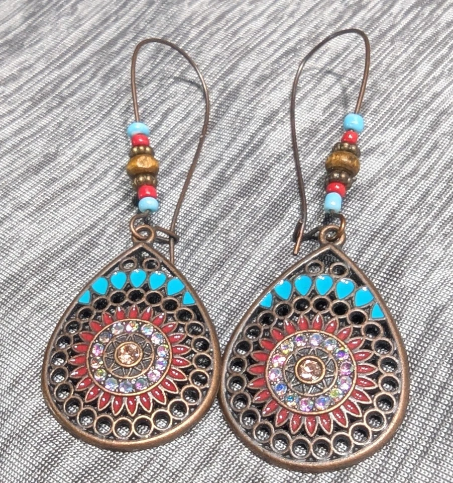 Серьги лот (5) пары: медь, дерево, искусственная бирюза, кожа, бисер, искусственный нефрит - Изображение 2 из 4