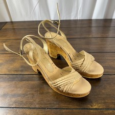 Joyce Shoes Womens Size 6.5 Tan Cork Heel Sandals Strappy Ankle Italy Vintage