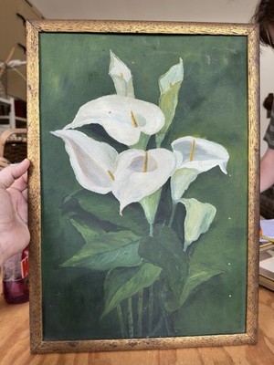 Vintage White Calla Lily Flowers Painting On Wood Framed Primitive Farmhouse Art