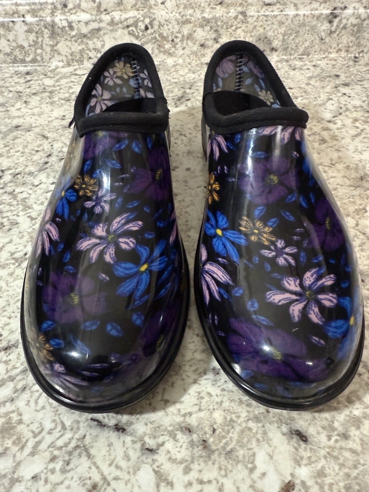 NEW Hisea Women's Garden Rain Shoe Waterproof Outdoor Slip-On Blk/Floral Size 10