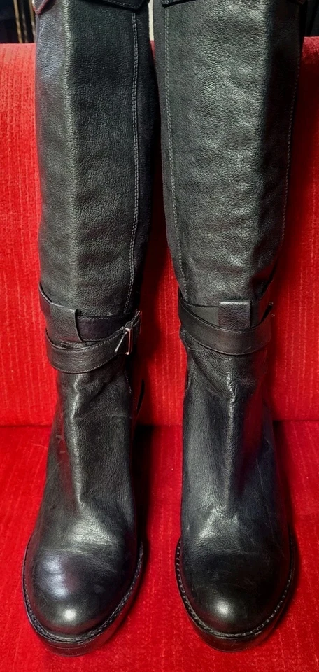 Cole Haan Patricia Black Leather & Faux Suede Wedge Heel Boots High 8 Riding - Image 4 of 4