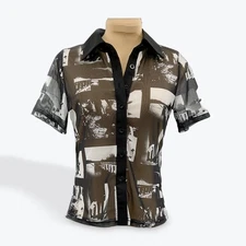 SHEIN Sheer Mesh Graphic Print Collared Button Up Shirt Top Size S