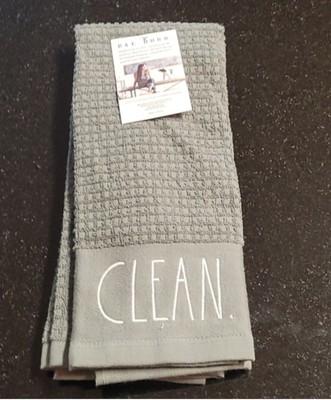 CLEAN Kitchen Towel Set, 2 Pack, Light Gray & White Lettering . Rae Dunn. New!!