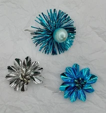 3 VTG Foil Tinsel Flower Tie On Christmas Ornaments Japan Blue Silver