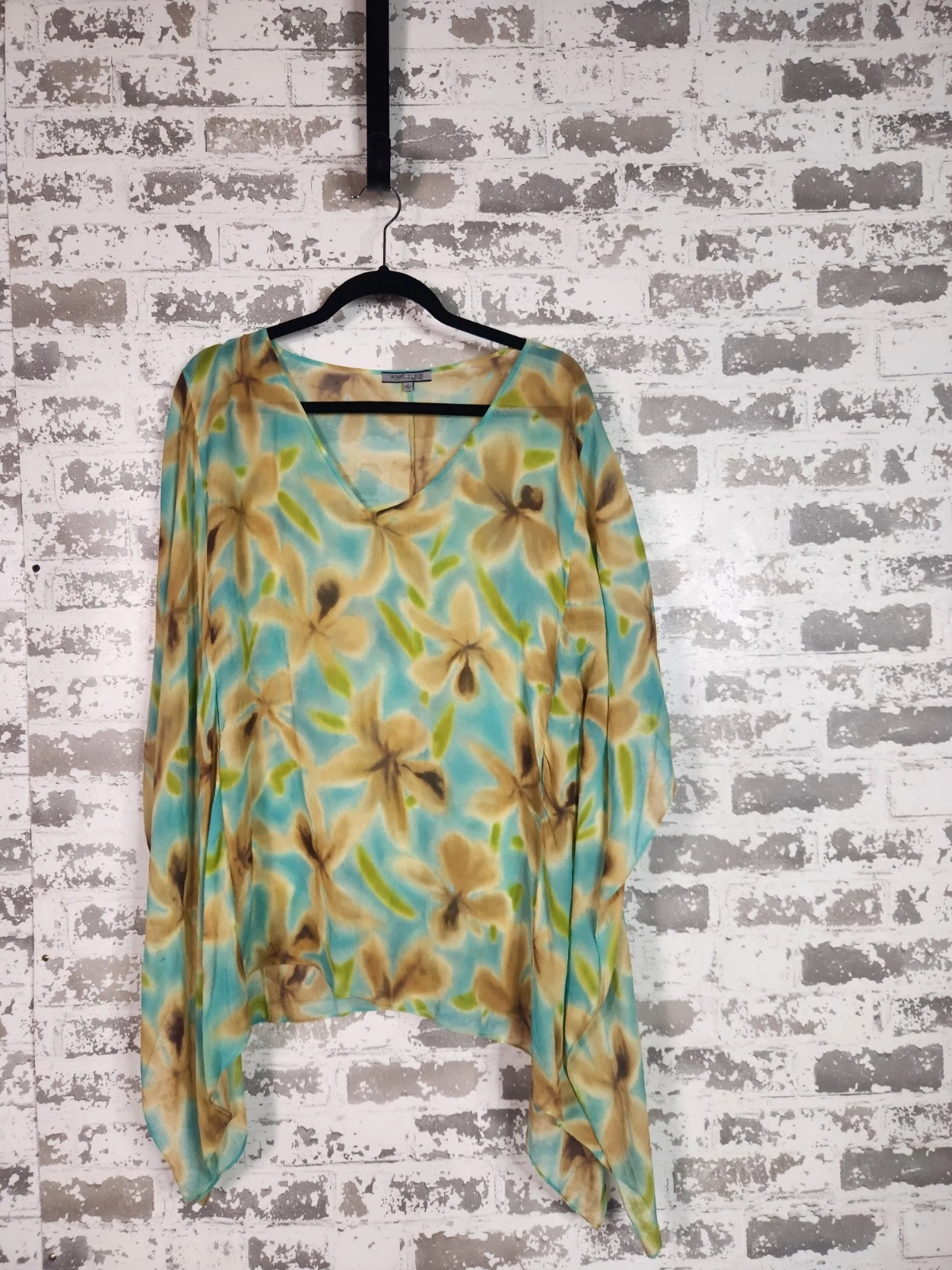 Sheer Flowy 100% Silk Floral Poncho Top Small Green Boho Fairy Whimsy Resortwear