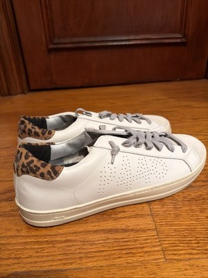 NEW P448 John White Leather Sneakers Leopard Print Detail Shoes Men s US 10.5