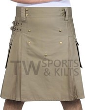 Men's Khaki Utility Kilt Made Of Cotton Material Two Side Pockets  Front Button