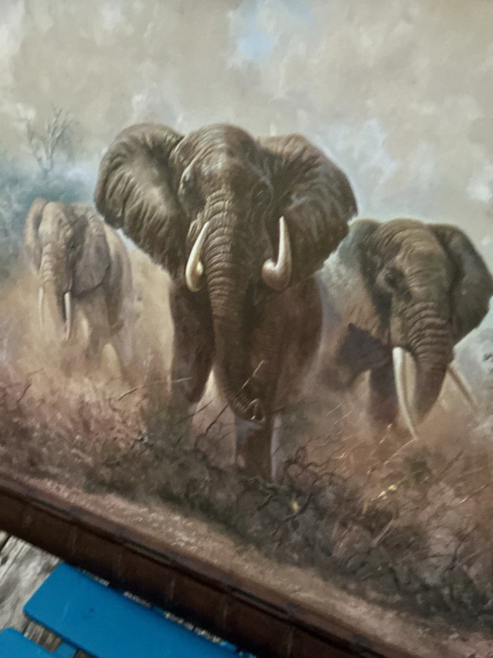 Pintura al óleo original vintage elefantes africanos enmarcada a medida Foto 4 de 4