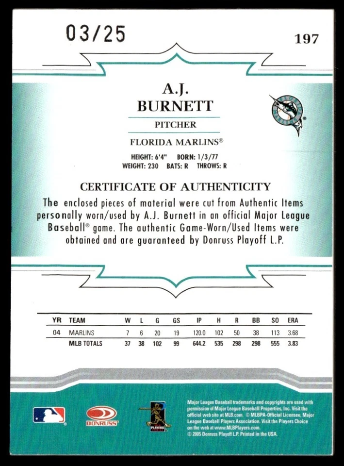 2005 Donruss Throwback Threads Material Combo Prime A.J. Burnett 03/25 Florida - Image 2 of 2