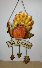 Welcome Sign Thanksgiving Turkey Pumpkin Wall Hanging Glass Metal Decor 32 Inch
