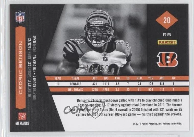 2011 Panini Limited Spotlight Silver /50 Cedric Benson #20 - Image 2 of 2
