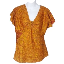 Henna Print Silk Blouse Top XXL Pullover India Africa Yellow Orange Red Tribal