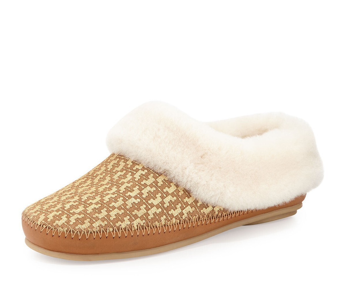 PANTOFOLA D’ORO Ciabatta nuova con scatola Tory Burch Belding foderata in shearling oro abbronzatura taglia 7