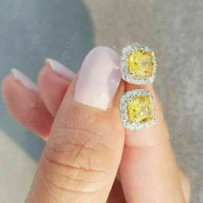 Hallo-Ohrstecker 4 kt Cushion Cut gelb simulierter Diamant 14 K Weißgold-Finish