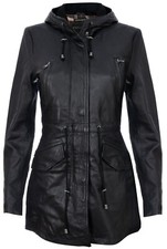 Women's Black Leather Hooded Parker Jacket Multi-pocket Trench Coat