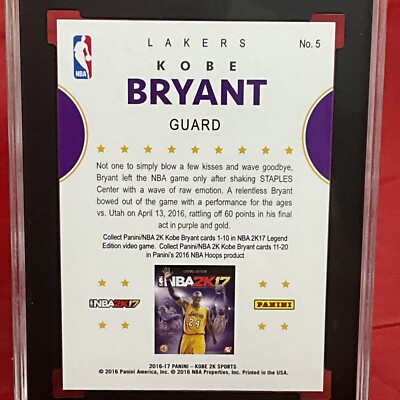 2016-17 Kobe Bryant #5 NBA 2K17 SGC 9 MT, “Last Game Played” RARE
