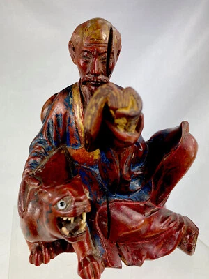 Chine Wood Qing dynasty sculpture en bois laqué doré le sage et son tigre - Photo 1/4