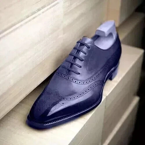RAVEL Handmade Mens Blue Leather Oxford Lace Up Wingtip Formal Dress Shoes For Men
