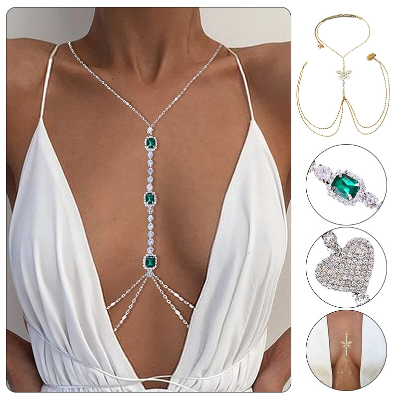 Luxury Body Jewelry Chain Harness Bikini Chest Necklace Rhinestone