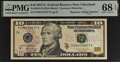 2017A $10 Federal Reserve Note PMG 68EPQ - Fancy Repeater Serial Number 64776477 - Picture 2 of 3